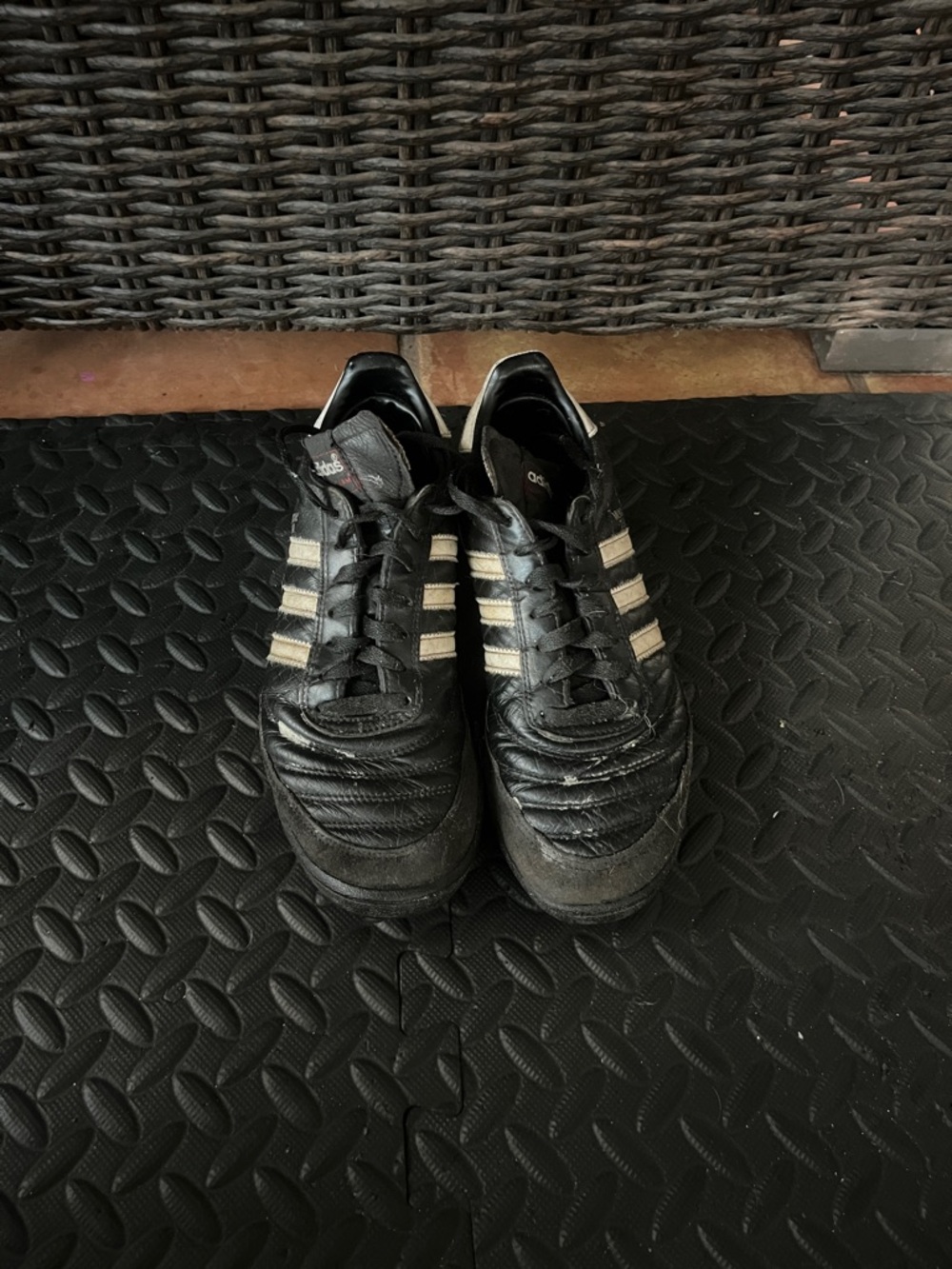 adidas Men’s Black Athletic Sneakers with White Stripes, Size 7